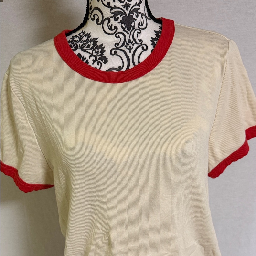Marine Layer Lexi Rib Sun In Crewneck Ringer Tee in Cream and Hibiscus Red trim - Picture 2 of 11